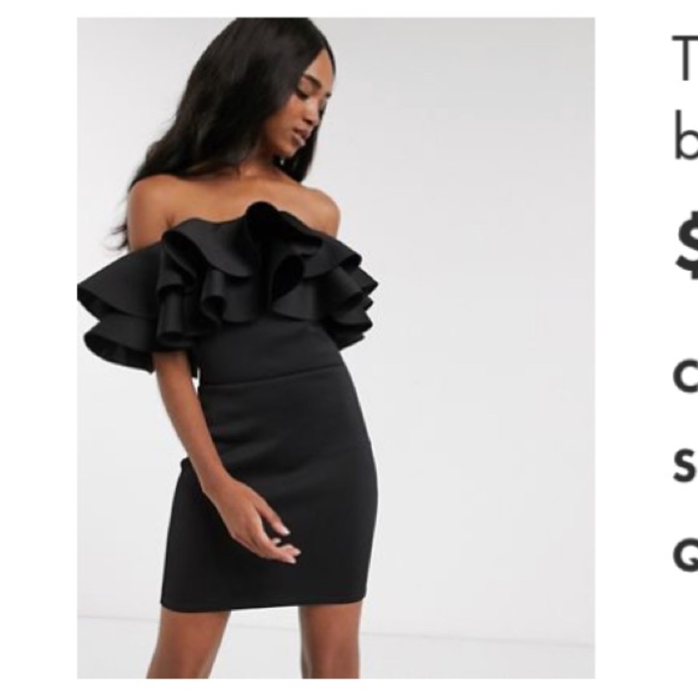 True Violet exclusive exaggerated frill bardot mini dress in black